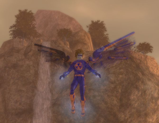 full body pose of Boson Boy, hovering in front of floating island in Ouroboros