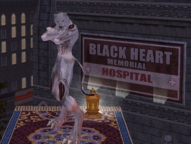 Porcelaine, a fire/mental blaster, on his flying carpet near Black Heart Memorial Hospital