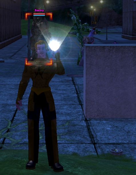 Ray X, a radiation/electrical defender, searching with flashlight
