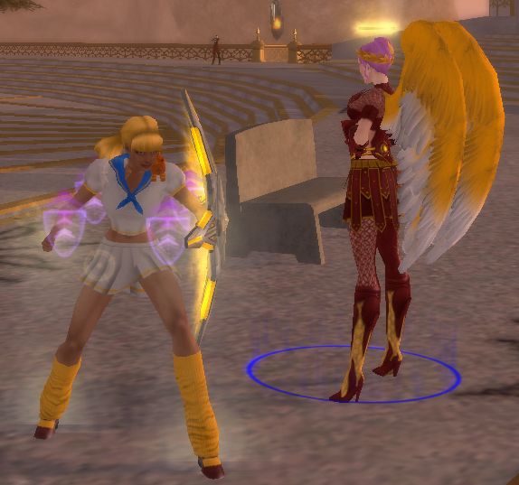 Kit and Kat, next to winged incarnate vendor in Ouroboros