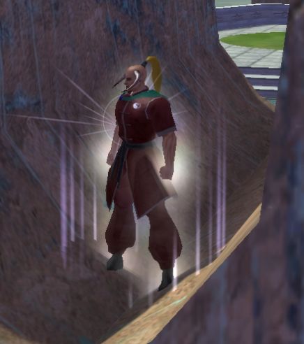 Ying Yan, a dark/invulnerability scrapper, standing within large statue at University