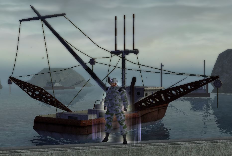 full body pose of Super Max, backset by small fishing boat