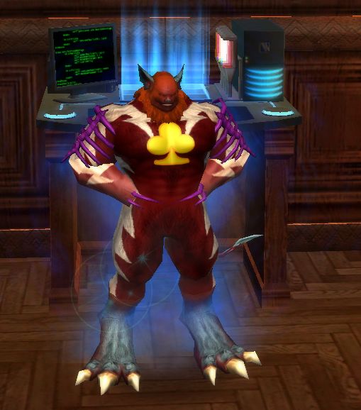 full body pose of Too Much of Anything, with invention console in background