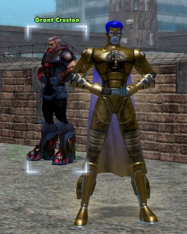 Captain 2359, a technology blaster, posing near Grant Creston in First Ward