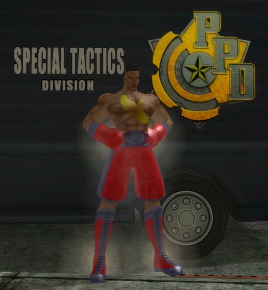 Lickity Zplit, a natural brute, poses by a PPD Special Tactics truck
